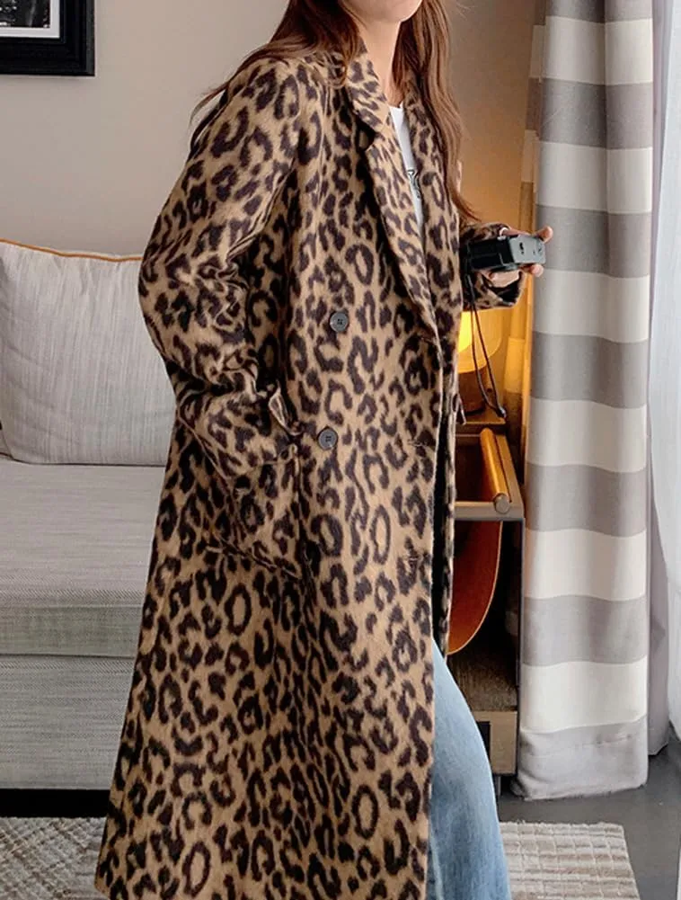 chouyatou Women's Winter Double Breasted Leopard Wool Coat Business Casual Midi Long Winter Trench Coat