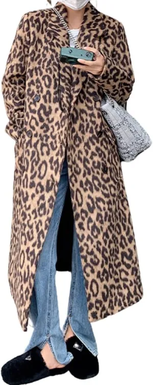 chouyatou Women's Winter Double Breasted Leopard Wool Coat Business Casual Midi Long Winter Trench Coat