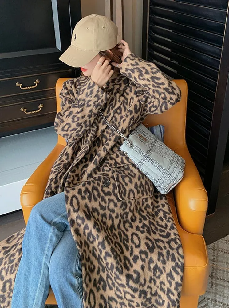 chouyatou Women's Winter Double Breasted Leopard Wool Coat Business Casual Midi Long Winter Trench Coat