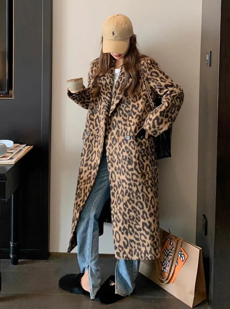 chouyatou Women's Winter Double Breasted Leopard Wool Coat Business Casual Midi Long Winter Trench Coat