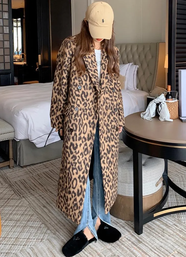 chouyatou Women's Winter Double Breasted Leopard Wool Coat Business Casual Midi Long Winter Trench Coat
