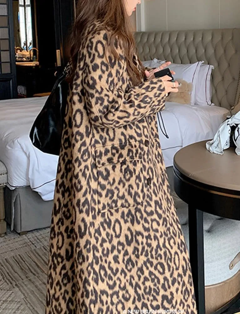 chouyatou Women's Winter Double Breasted Leopard Wool Coat Business Casual Midi Long Winter Trench Coat