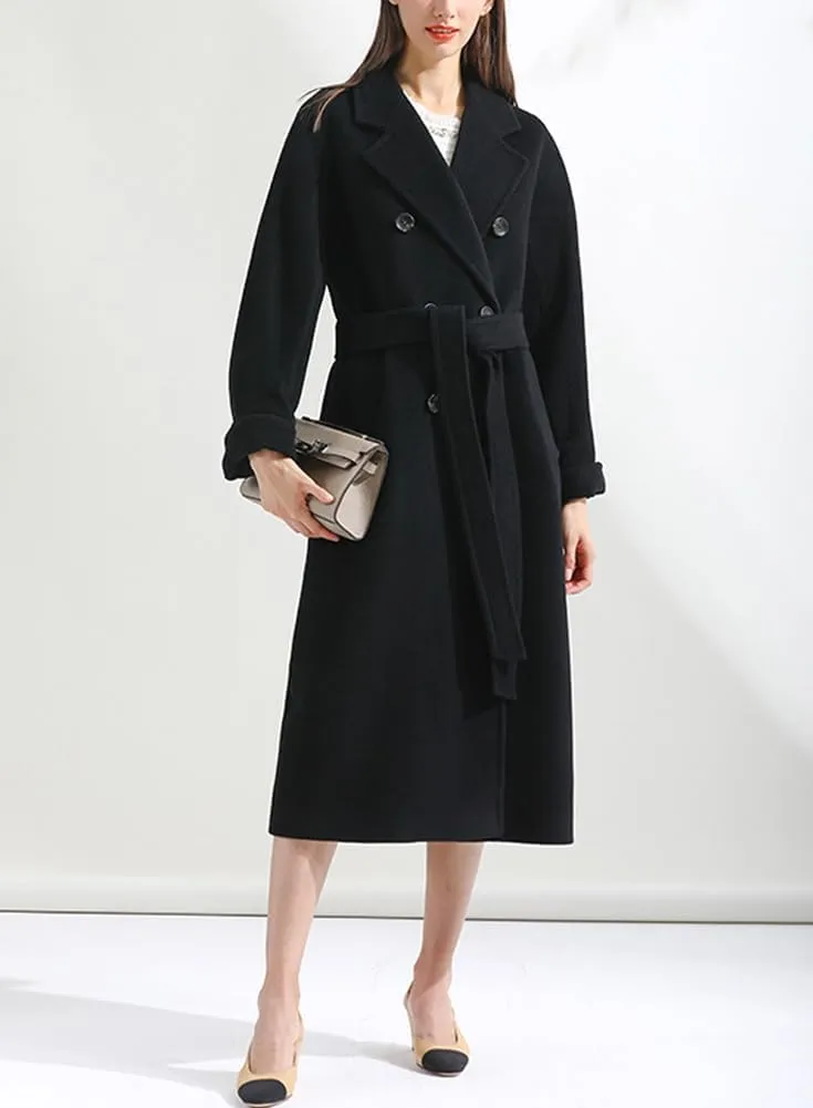chouyatou Women's Winter Double Breasted Wool Coat Business Casual Midi Long Winter Trench Coat with Belt