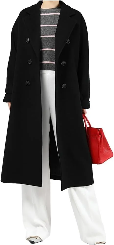 chouyatou Women's Winter Double Breasted Wool Coat Business Casual Midi Long Winter Trench Coat with Belt