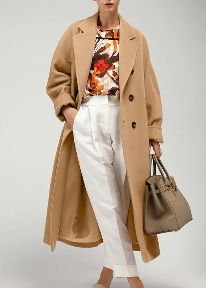 chouyatou Women's Winter Double Breasted Wool Coat Business Casual Midi Long Winter Trench Coat with Belt