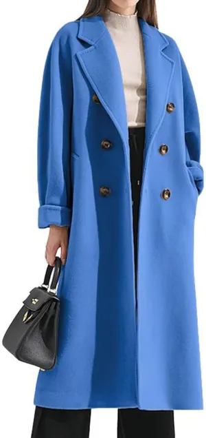 chouyatou Women's Winter Double Breasted Wool Coat Business Casual Midi Long Winter Trench Coat with Belt
