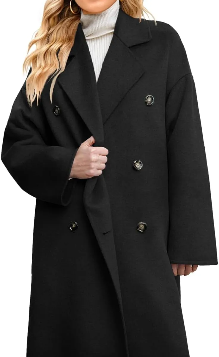 chouyatou Women's Winter Double Breasted Wool Coat Business Casual Notch Lapel Midi Long Winter Trench Coat