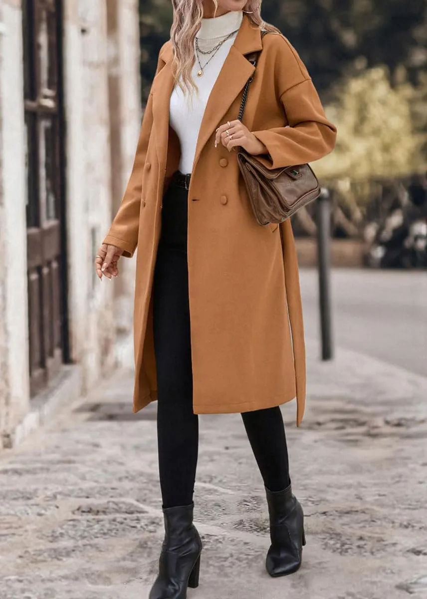 chouyatou Women's Winter Double Breasted Wool Coat Notch Lapel Long Winter Trench Coat with Belt