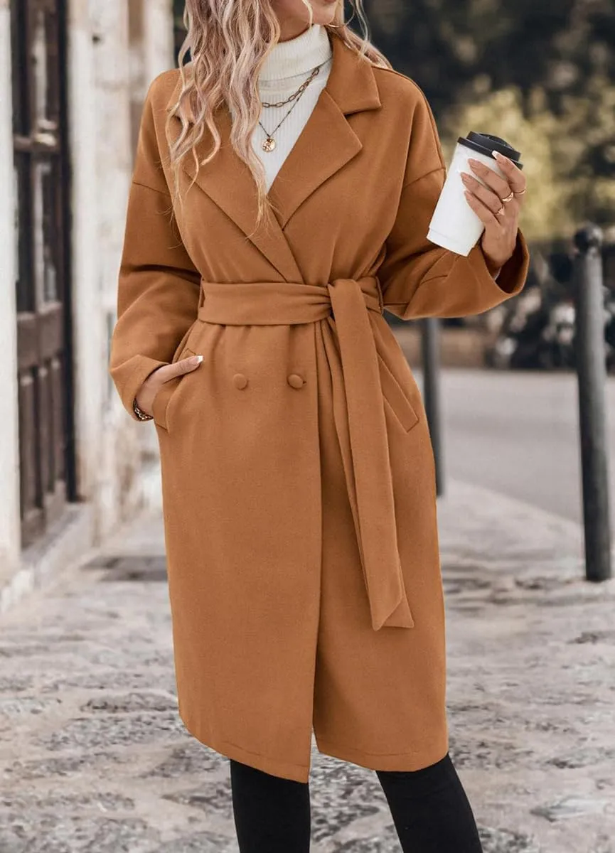 chouyatou Women's Winter Double Breasted Wool Coat Notch Lapel Long Winter Trench Coat with Belt