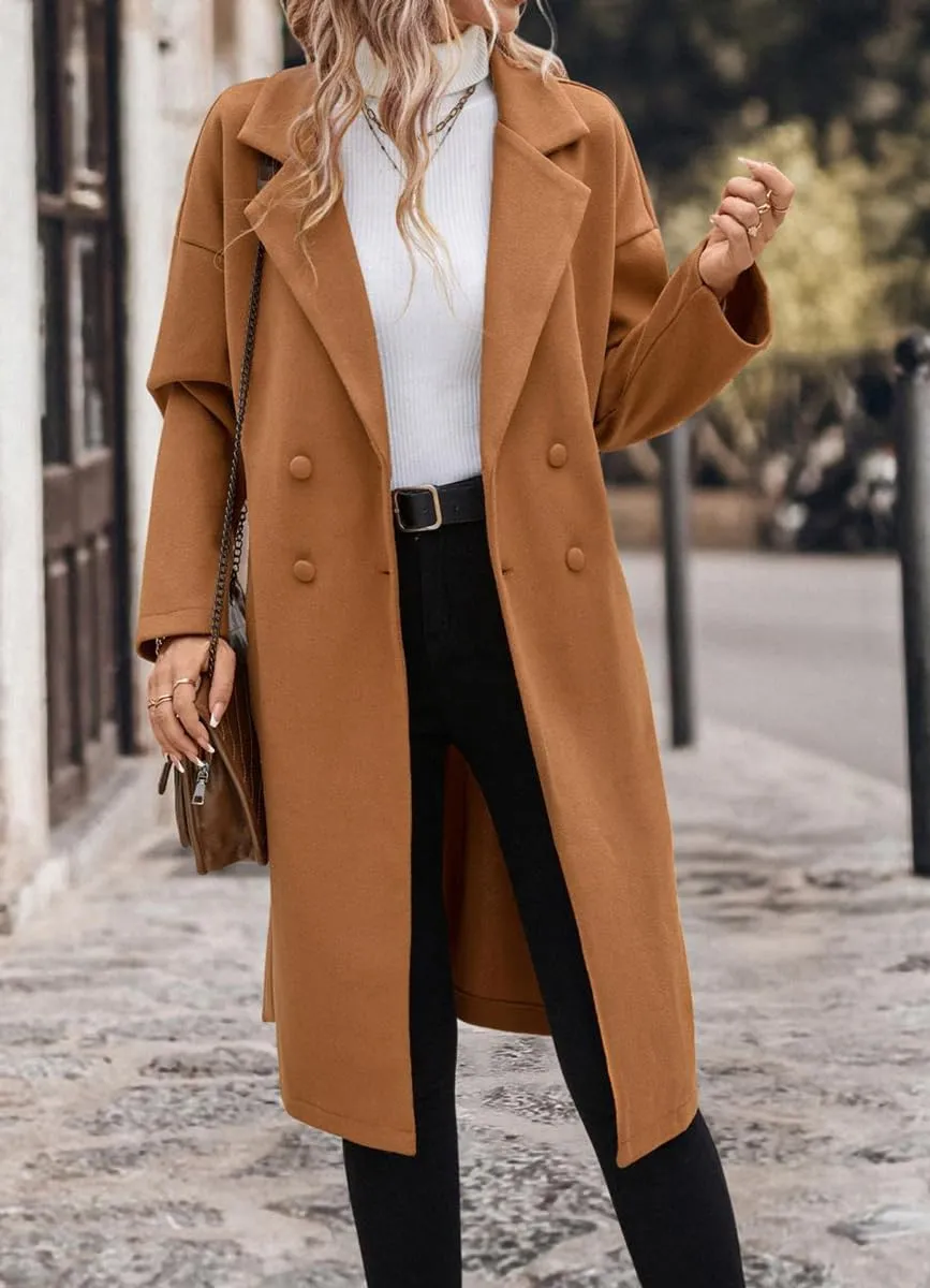 chouyatou Women's Winter Double Breasted Wool Coat Notch Lapel Long Winter Trench Coat with Belt