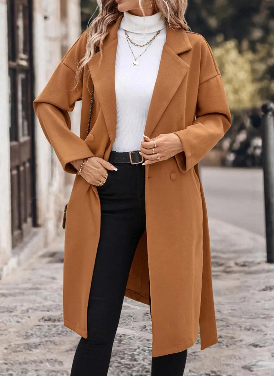 chouyatou Women's Winter Double Breasted Wool Coat Notch Lapel Long Winter Trench Coat with Belt