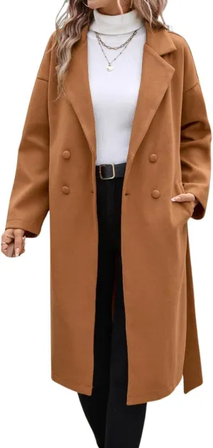 chouyatou Women's Winter Double Breasted Wool Coat Notch Lapel Long Winter Trench Coat with Belt