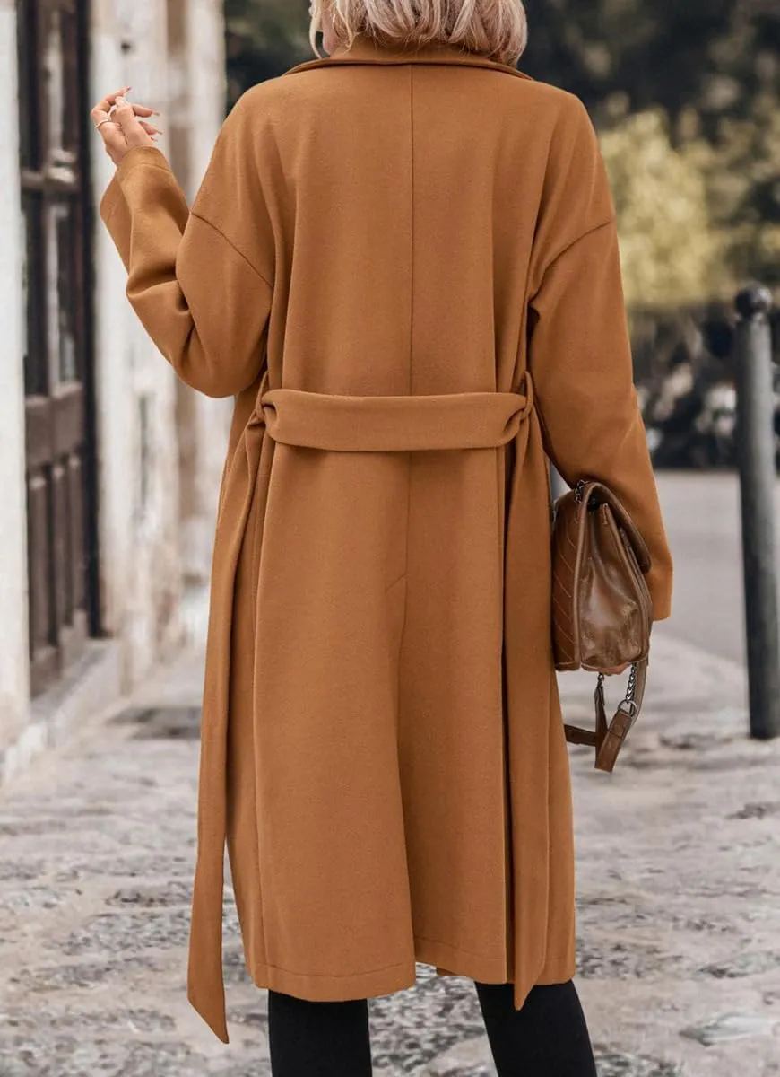 chouyatou Women's Winter Double Breasted Wool Coat Notch Lapel Long Winter Trench Coat with Belt