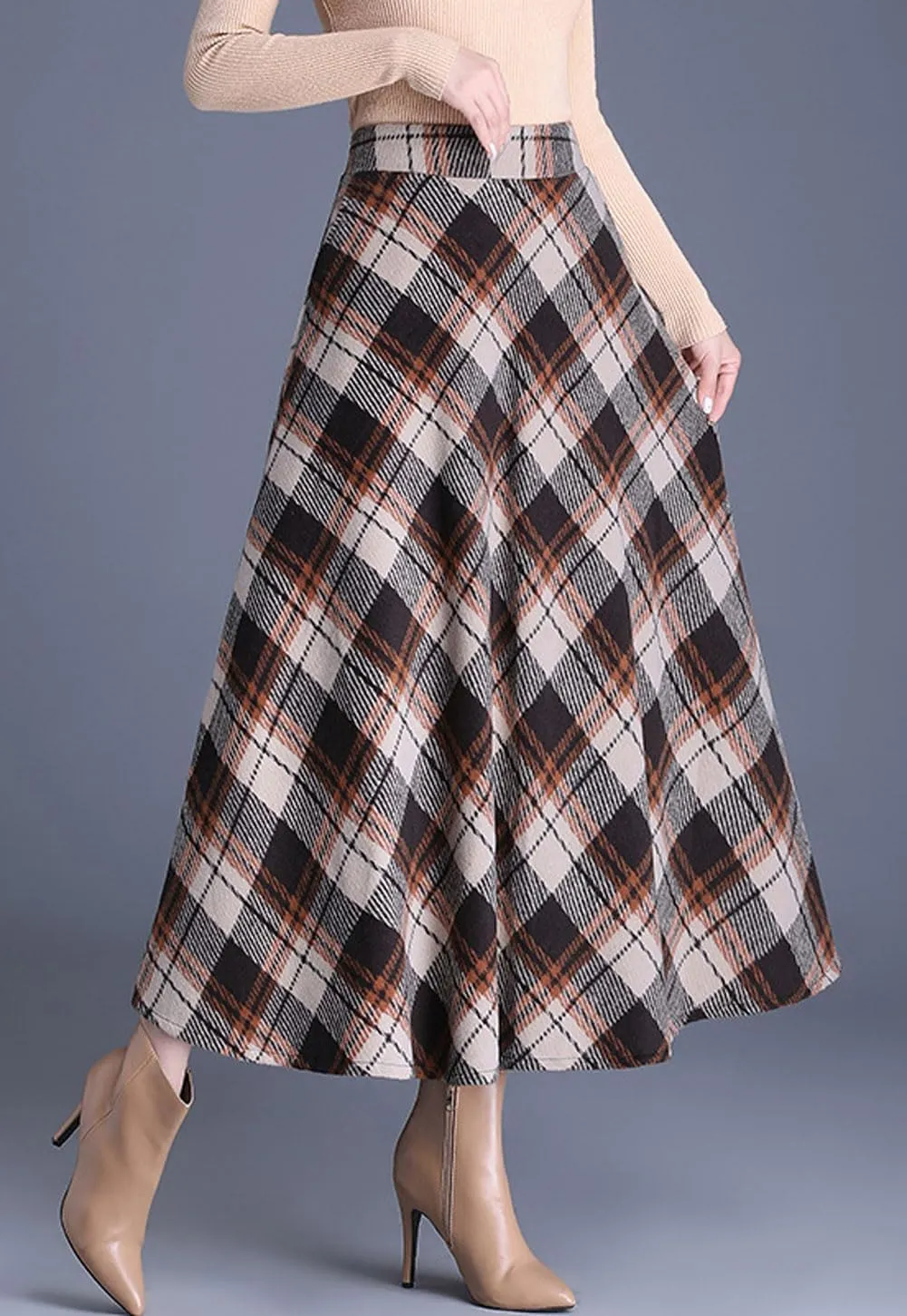 chouyatou Women's Winter Elastic Waist Wool Plaid Skirt Fall A-Line Pleated Midi Long Skater Skirt