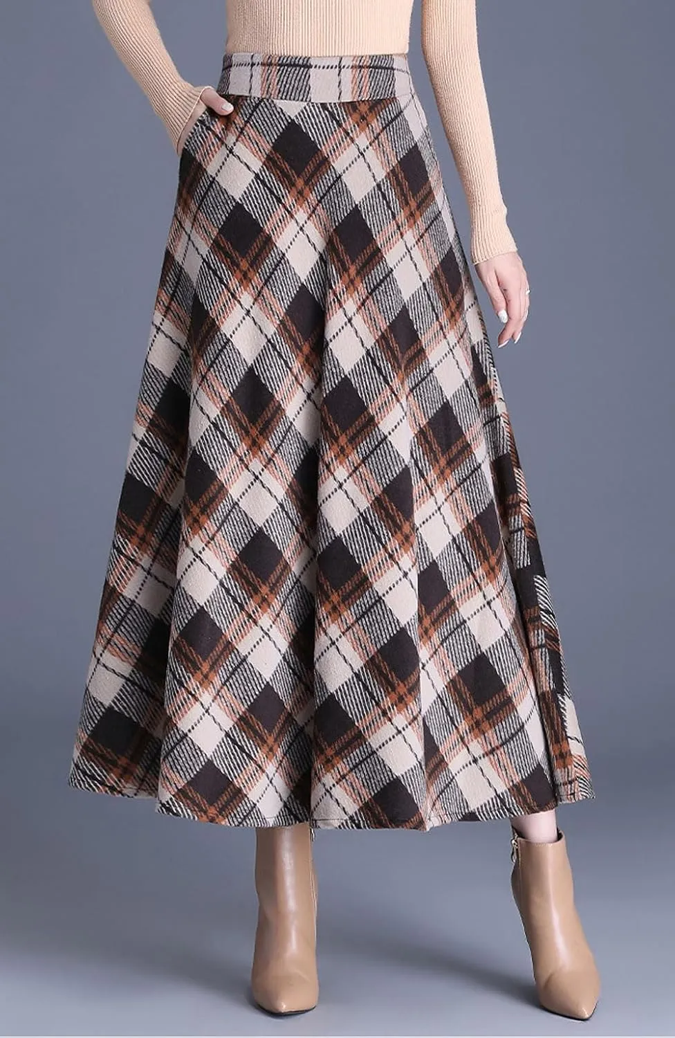 chouyatou Women's Winter Elastic Waist Wool Plaid Skirt Fall A-Line Pleated Midi Long Skater Skirt