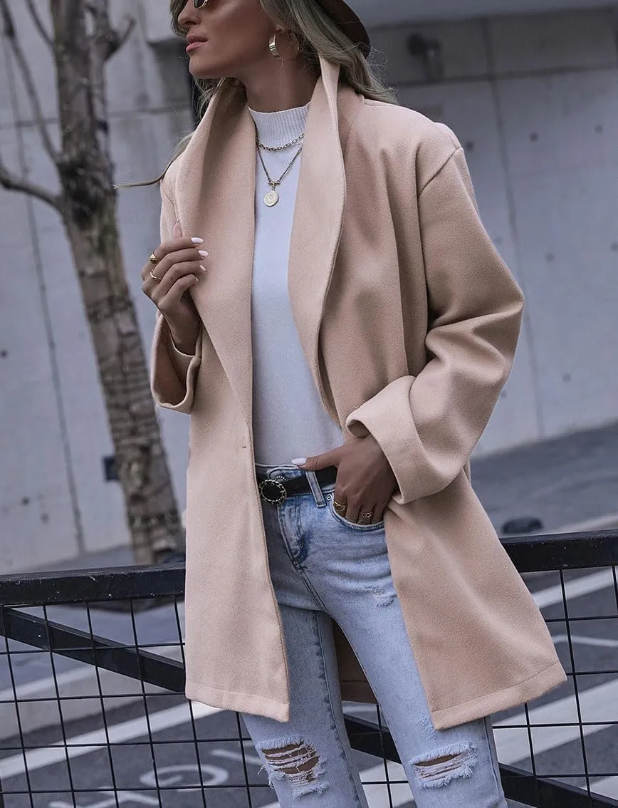 chouyatou Women's Winter Elegant Shawl Collar Wool Coat Formal Work Mid Long Wool Trench Coat