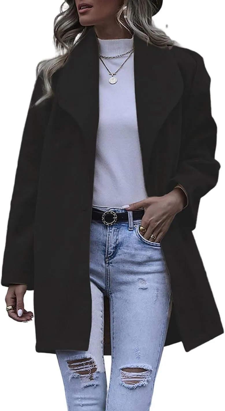 chouyatou Women's Winter Elegant Shawl Collar Wool Coat Formal Work Mid Long Wool Trench Coat