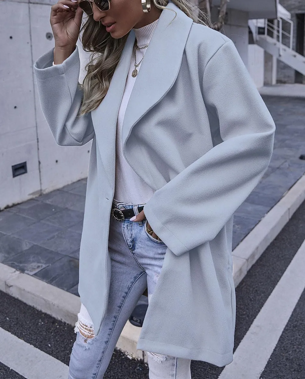 chouyatou Women's Winter Elegant Shawl Collar Wool Coat Formal Work Mid Long Wool Trench Coat