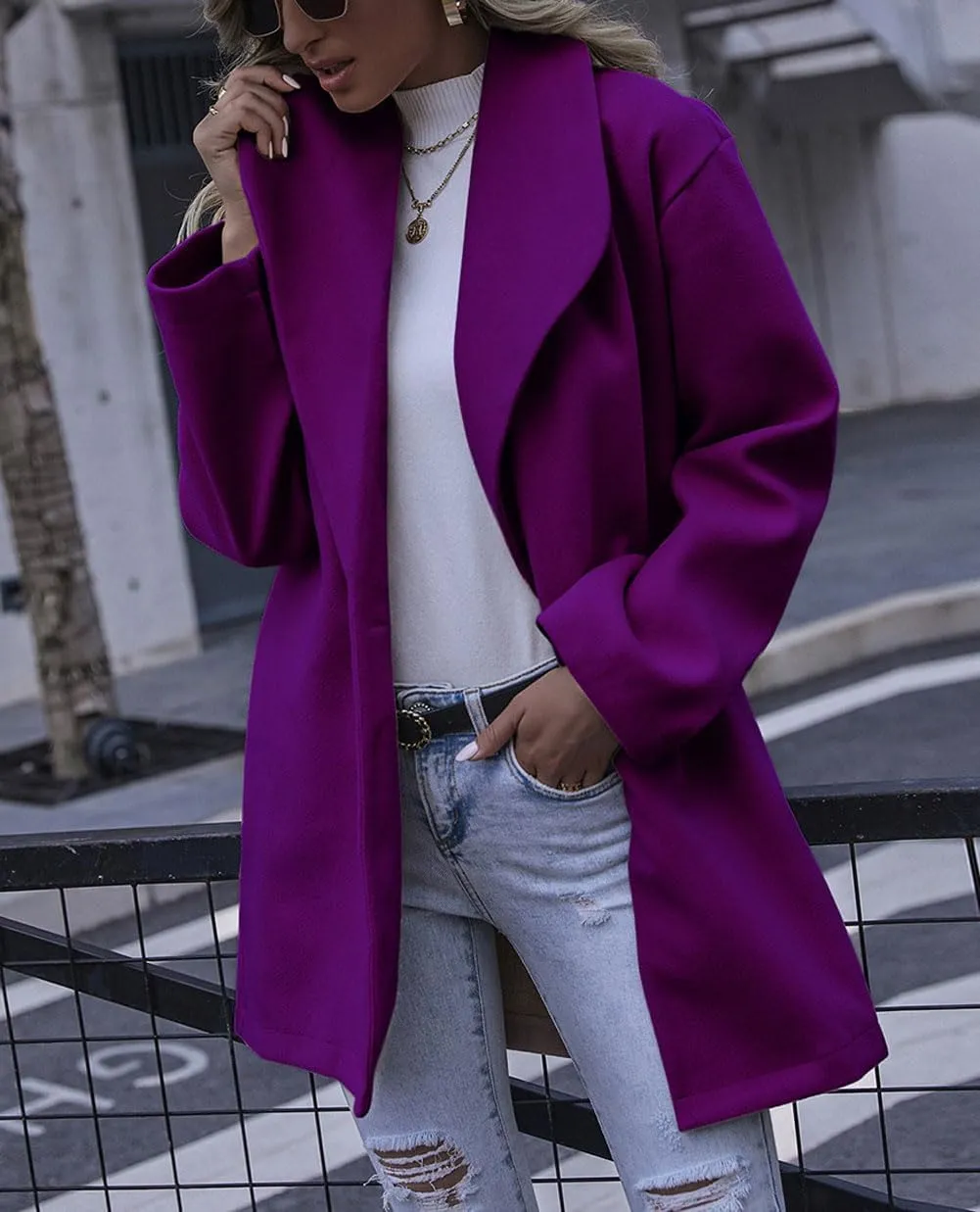 chouyatou Women's Winter Elegant Shawl Collar Wool Coat Formal Work Mid Long Wool Trench Coat