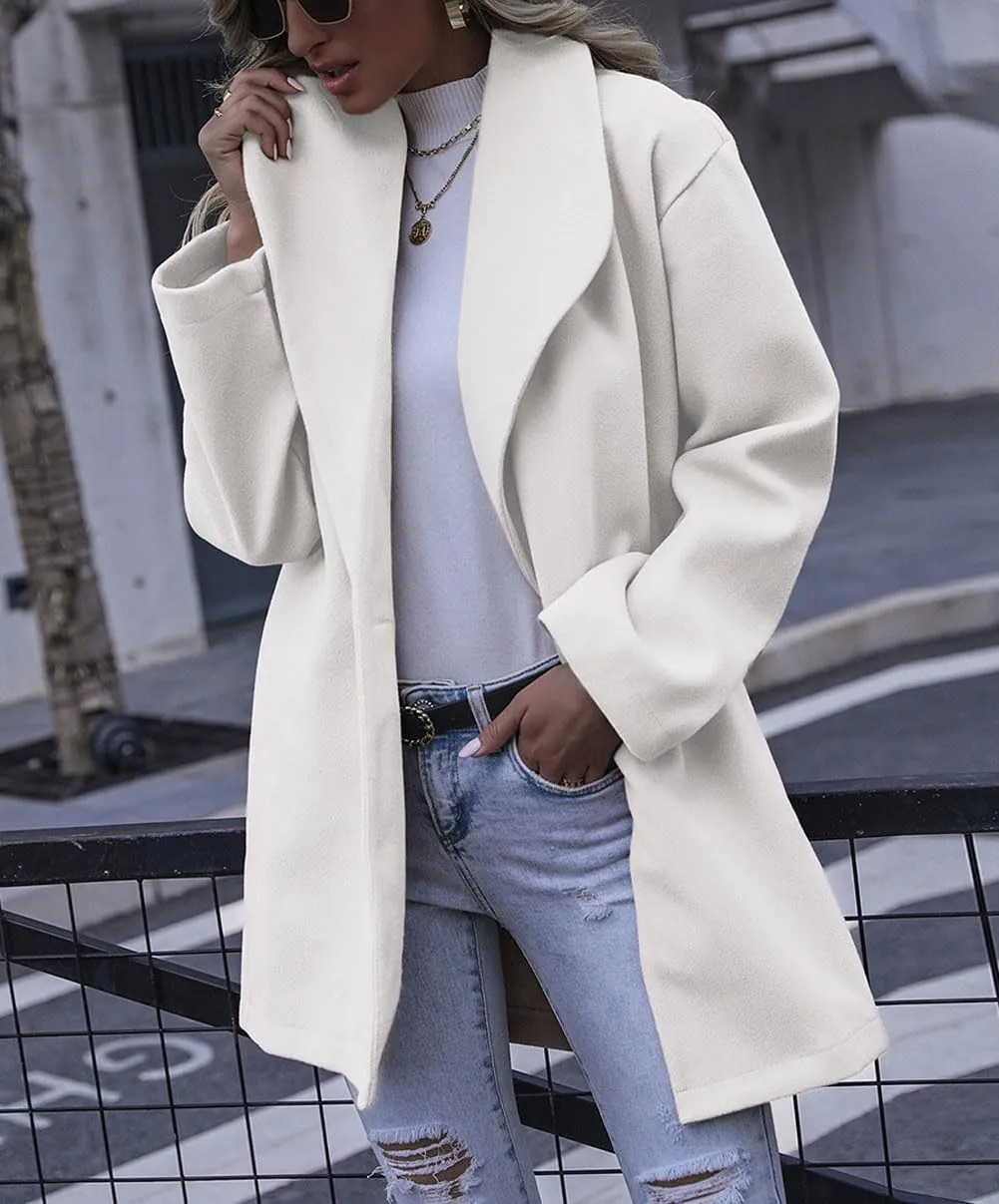 chouyatou Women's Winter Elegant Shawl Collar Wool Coat Formal Work Mid Long Wool Trench Coat