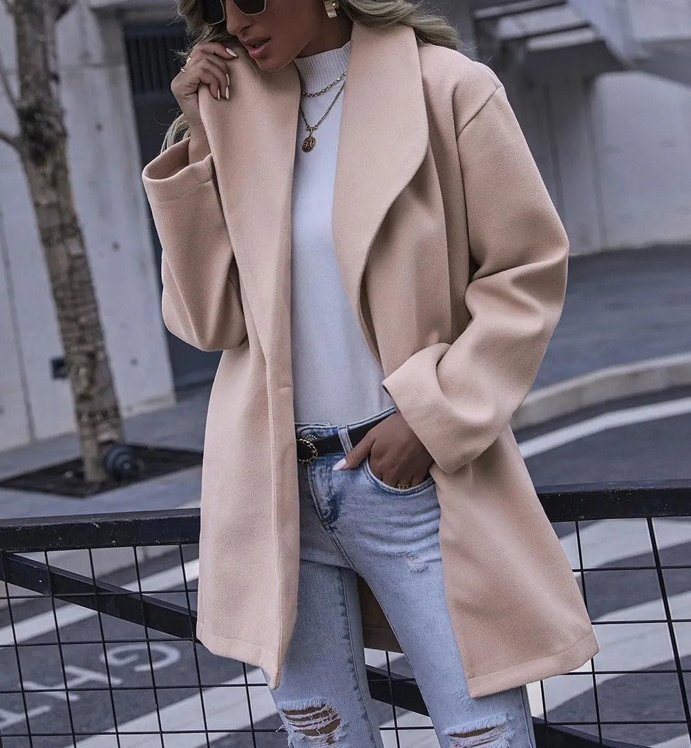 chouyatou Women's Winter Elegant Shawl Collar Wool Coat Formal Work Mid Long Wool Trench Coat