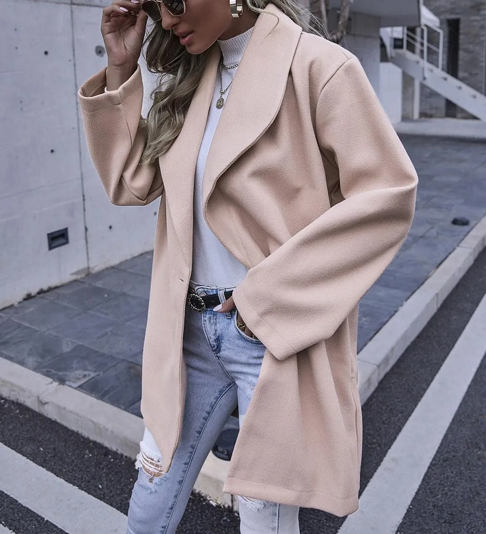 chouyatou Women's Winter Elegant Shawl Collar Wool Coat Formal Work Mid Long Wool Trench Coat