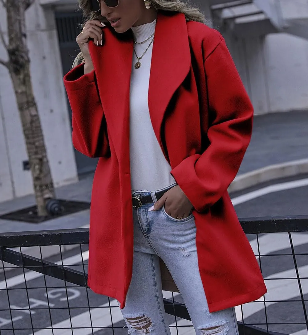 chouyatou Women's Winter Elegant Shawl Collar Wool Coat Formal Work Mid Long Wool Trench Coat
