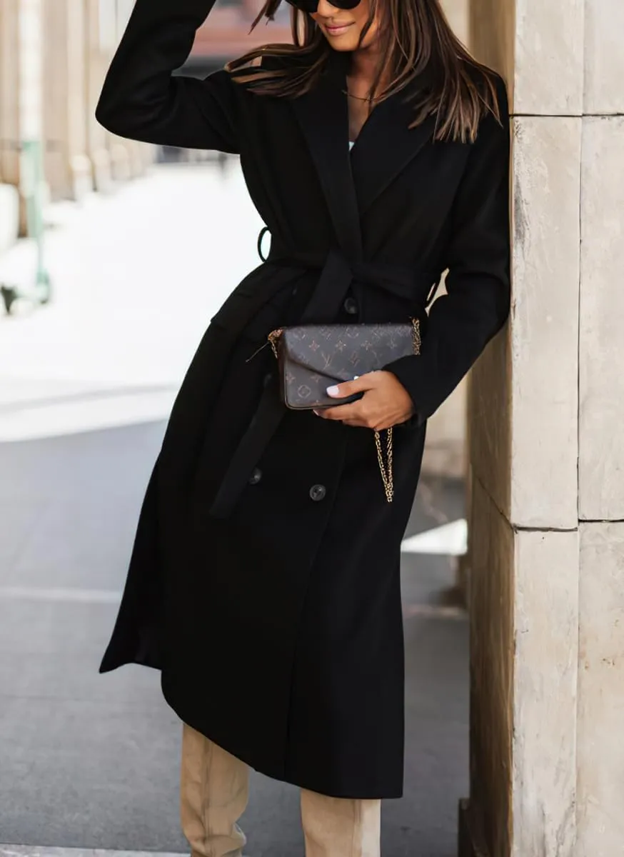 chouyatou Women's Winter Notch Lapel Wool Coat Double Breasted Business Casual Midi Long Woolen Trench Coat