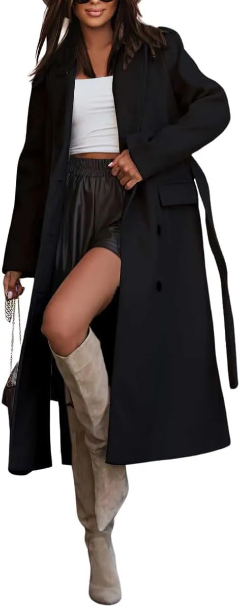 chouyatou Women's Winter Notch Lapel Wool Coat Double Breasted Business Casual Midi Long Woolen Trench Coat