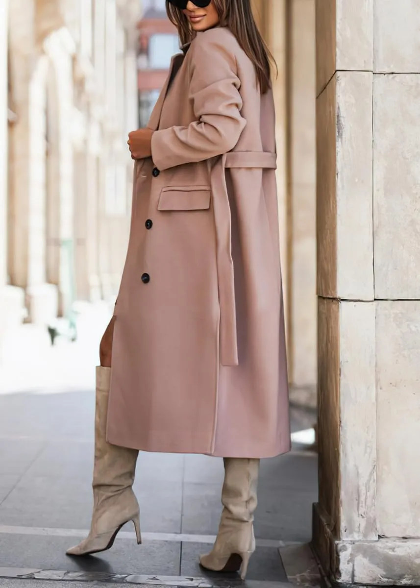 chouyatou Women's Winter Notch Lapel Wool Coat Double Breasted Business Casual Midi Long Woolen Trench Coat