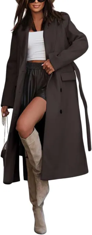 chouyatou Women's Winter Notch Lapel Wool Coat Double Breasted Business Casual Midi Long Woolen Trench Coat