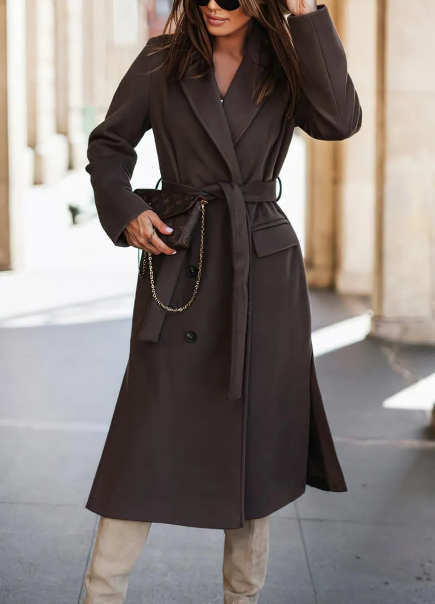 chouyatou Women's Winter Notch Lapel Wool Coat Double Breasted Business Casual Midi Long Woolen Trench Coat