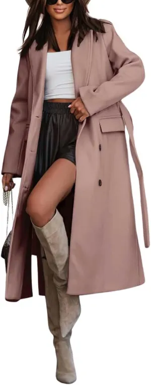 chouyatou Women's Winter Notch Lapel Wool Coat Double Breasted Business Casual Midi Long Woolen Trench Coat