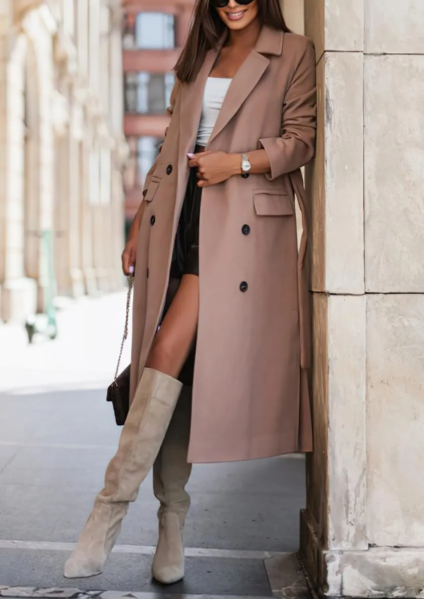 chouyatou Women's Winter Notch Lapel Wool Coat Double Breasted Business Casual Midi Long Woolen Trench Coat