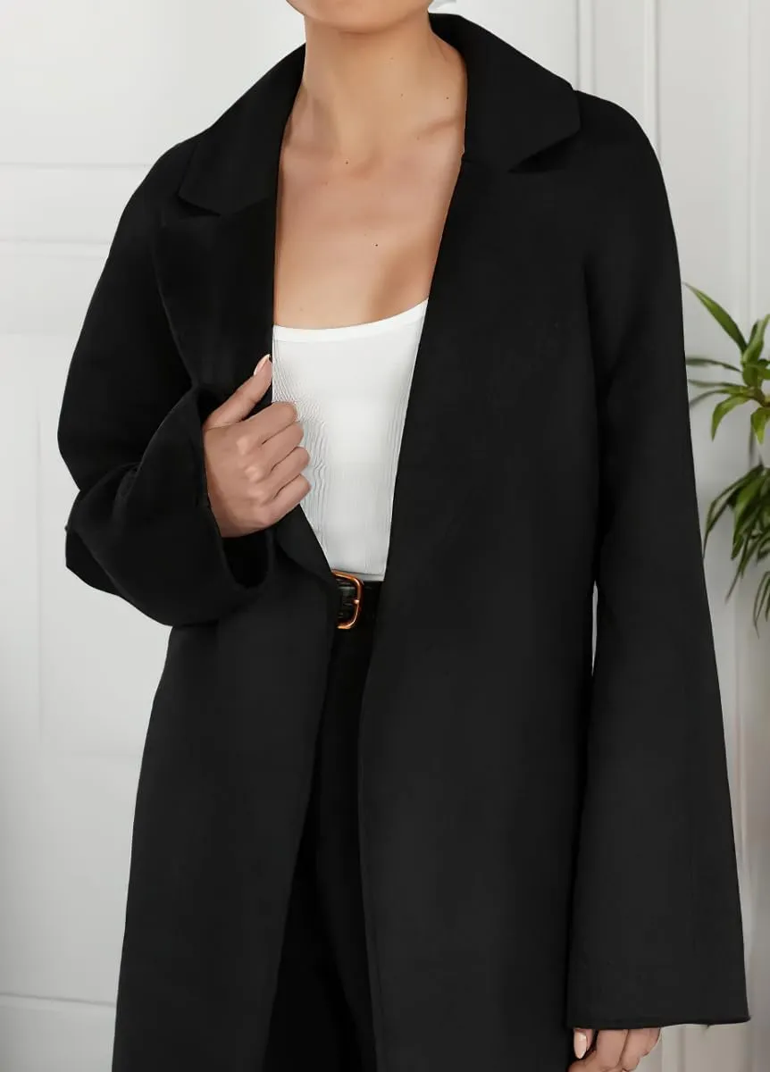 chouyatou Women's Winter Open Front Wool Coat Business Casual Midi Long Winter Trench Coat with Belt