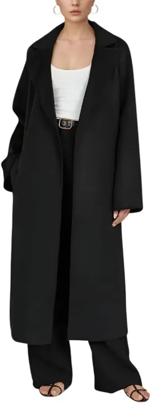 chouyatou Women's Winter Open Front Wool Coat Business Casual Midi Long Winter Trench Coat with Belt