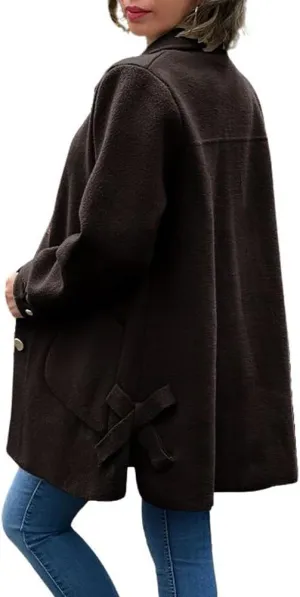 chouyatou Women's Winter Single Breasted Wool Coat Bow Knot Business Casual Midi Long Winter Trench Coat