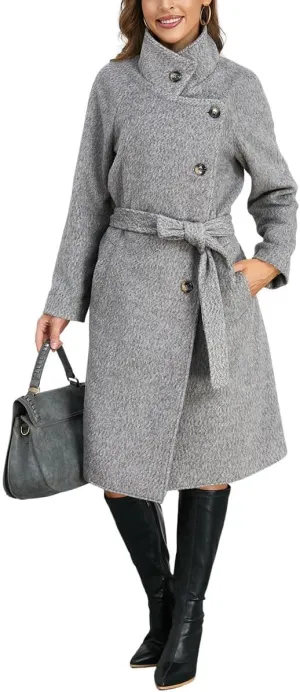 chouyatou Women's Winter Single Breasted Wool Pea Coat Thicken Notch Lapel Collar Long Trench Coat Overcoat
