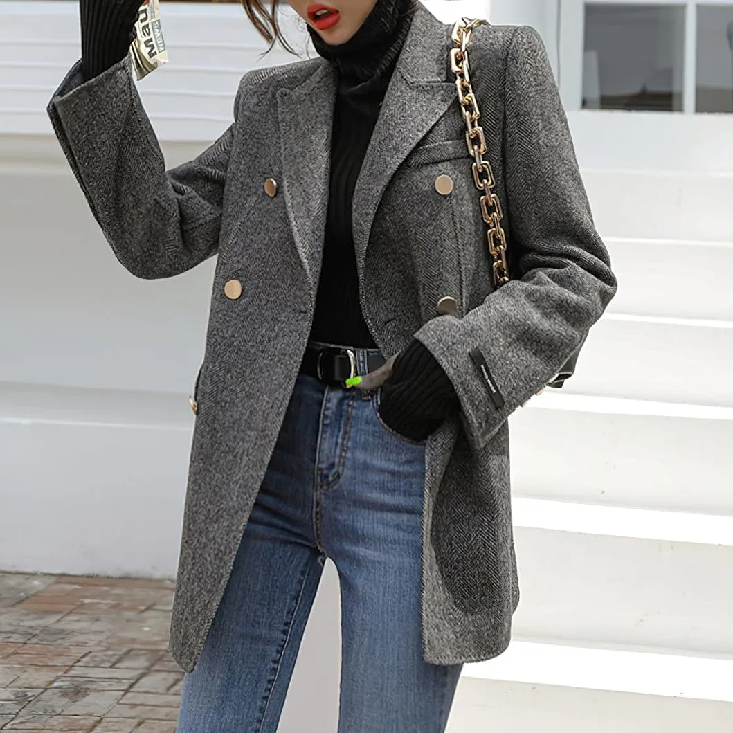 chouyatou Women's Winter Wool Casual Blazer Jacket Work Notch Lapel Trench Coat Double Breasted Pea Coat