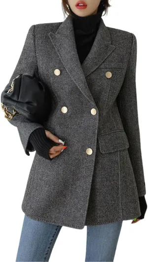 chouyatou Women's Winter Wool Casual Blazer Jacket Work Notch Lapel Trench Coat Double Breasted Pea Coat