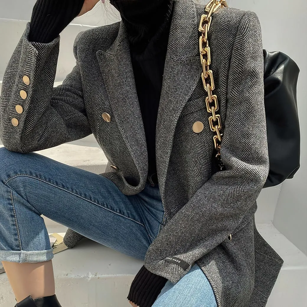 chouyatou Women's Winter Wool Casual Blazer Jacket Work Notch Lapel Trench Coat Double Breasted Pea Coat