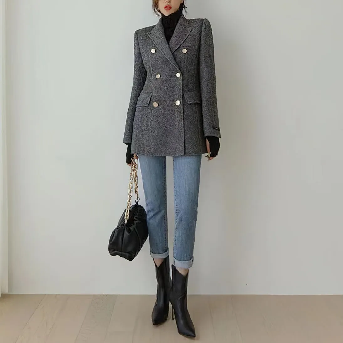 chouyatou Women's Winter Wool Casual Blazer Jacket Work Notch Lapel Trench Coat Double Breasted Pea Coat