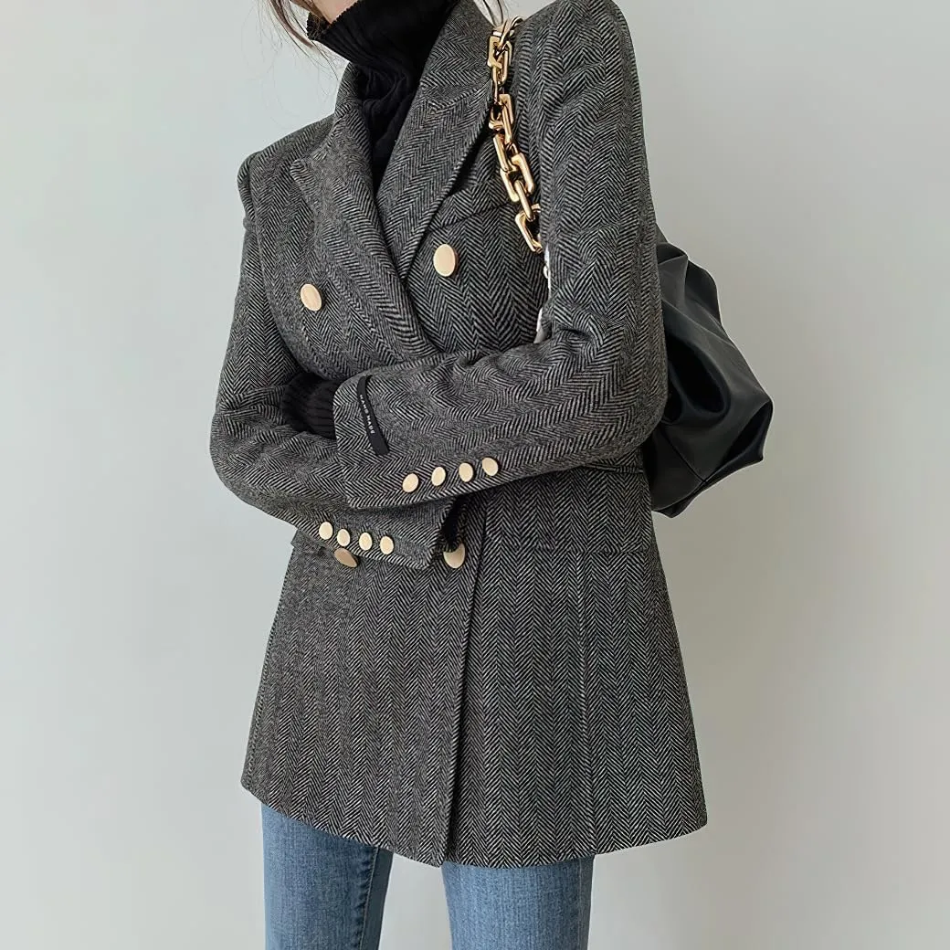 chouyatou Women's Winter Wool Casual Blazer Jacket Work Notch Lapel Trench Coat Double Breasted Pea Coat