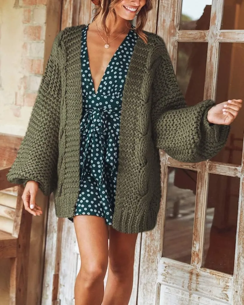 Cicy Bell Women's Open Front Chunky Knit Cardigan Loose Lantern Sleeve Oversized Sweater Coats