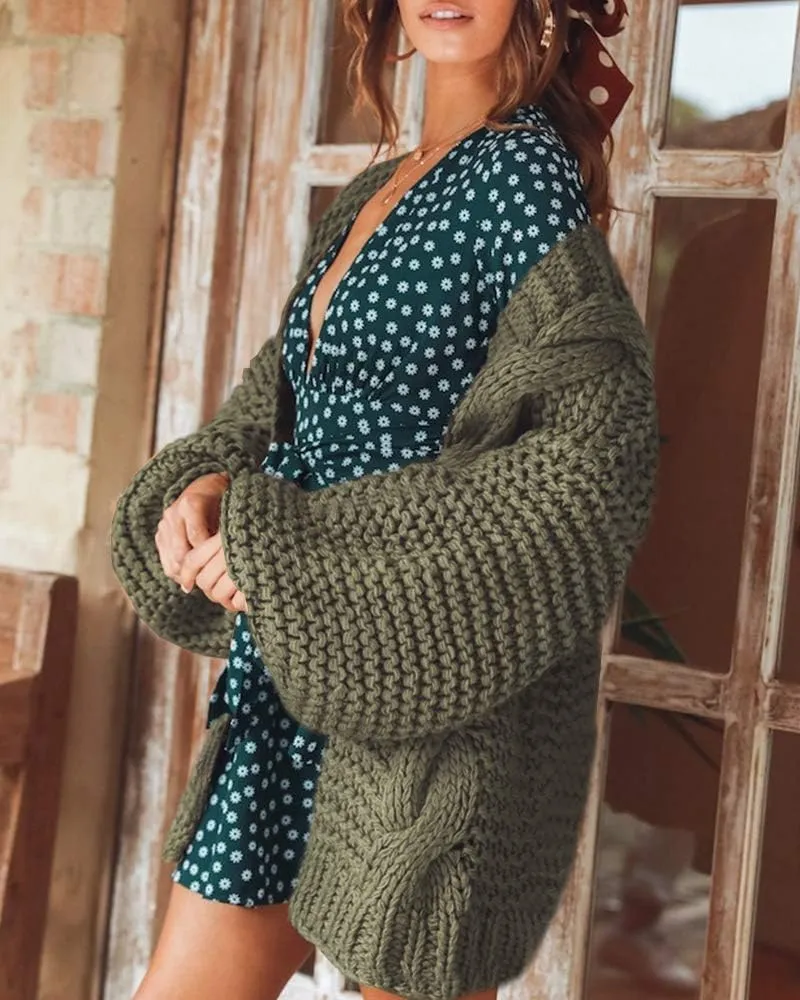 Cicy Bell Women's Open Front Chunky Knit Cardigan Loose Lantern Sleeve Oversized Sweater Coats