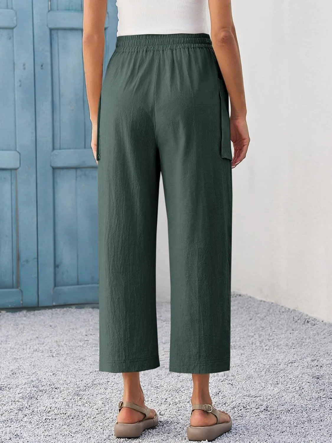 Cicy Bell Womens Wide Leg Cropped Pants Cotton Loose Drawstring Smocked Waist Beach Harem Pants with Pockets