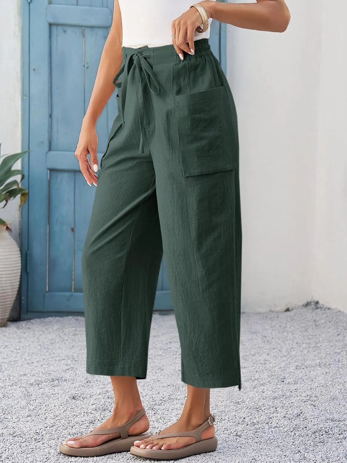 Cicy Bell Womens Wide Leg Cropped Pants Cotton Loose Drawstring Smocked Waist Beach Harem Pants with Pockets
