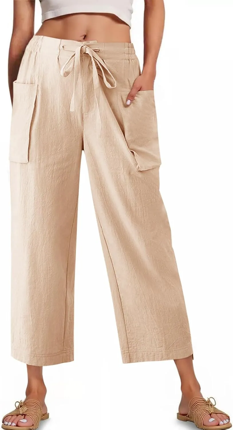 Cicy Bell Womens Wide Leg Cropped Pants Cotton Loose Drawstring Smocked Waist Beach Harem Pants with Pockets