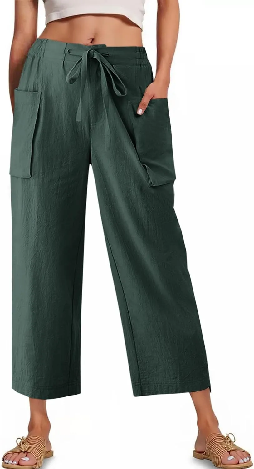 Cicy Bell Womens Wide Leg Cropped Pants Cotton Loose Drawstring Smocked Waist Beach Harem Pants with Pockets