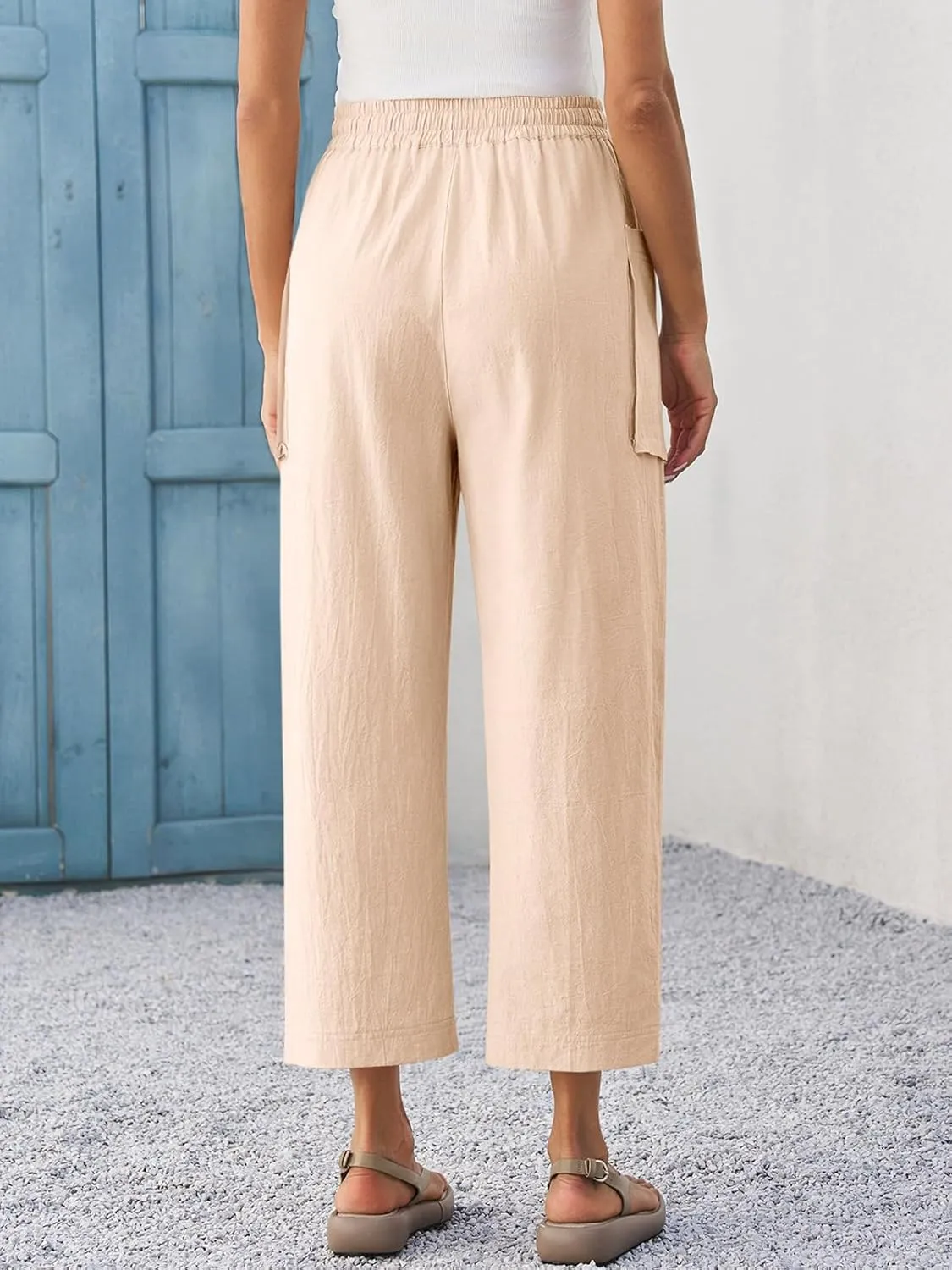 Cicy Bell Womens Wide Leg Cropped Pants Cotton Loose Drawstring Smocked Waist Beach Harem Pants with Pockets